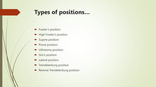 Types of positions…
 Fowler’s position
 High Fowler’s position
 Supine position
 Prone position
 Lithotomy position
 Sim’s position
 Lateral position
 Trendelenburg position
 Reverse Trendelenburg position
 