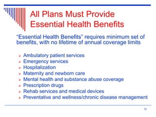 All Plans Must Provide
Essential Health Benefits
“Essential Health Benefits” requires minimum set of
benefits, with no lifetime of annual coverage limits
 Ambulatory patient services
 Emergency services
 Hospitalization
 Maternity and newborn care
 Mental health and substance abuse coverage
 Prescription drugs
 Rehab services and medical devices
 Preventative and wellness/chronic disease management
12
 