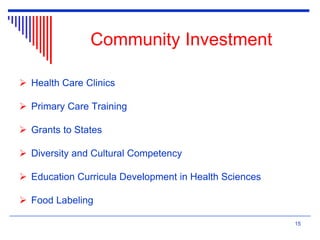 15
Community Investment
 Health Care Clinics
 Primary Care Training
 Grants to States
 Diversity and Cultural Competency
 Education Curricula Development in Health Sciences
 Food Labeling
 