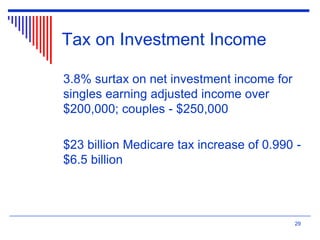 Tax on Investment Income
3.8% surtax on net investment income for
singles earning adjusted income over
$200,000; couples - $250,000
$23 billion Medicare tax increase of 0.990 -
$6.5 billion
29
 