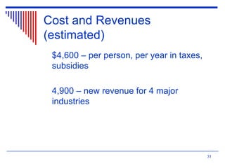 Cost and Revenues
(estimated)
$4,600 – per person, per year in taxes,
subsidies
4,900 – new revenue for 4 major
industries
31
 