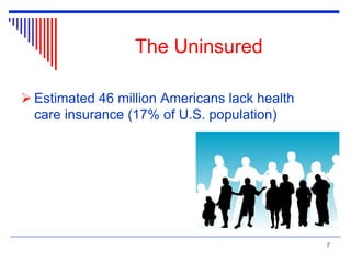 7
 Estimated 46 million Americans lack health
care insurance (17% of U.S. population)
The Uninsured
 