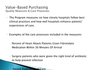 The Program measures on how closely hospitals follow best clinical practices and how well hospitals enhance patients ’ experiences of care. Examples of the care processes included in the measures: Percent of Heart Attack Patients Given Fibrinolytic Medication Within 30 Minutes Of Arrival Surgery patients who were given the right kind of antibiotic to help prevent infection Patient Experience of Care 