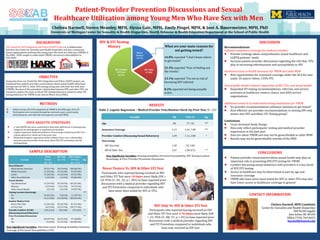 SAMPLE DESCRIPTION
Patient-Provider Prevention Discussions and Sexual
Healthcare Utilization among Young Men Who Have Sex with Men
Chelsea Harmell, Steven Meanley, MPH, Alyssa Gale, MPH, Emily Pingel, MPH, & José A. Bauermeister, MPH, PhD
University of Michigan Center for Sexuality & Health Disparities, Health Behavior & Health Education Department at the School of Public Health
OBJECTIVE
Using data from our United for HIV Integration and Policy (UHIP) project, we
examined how patient-provider conversations about sexual health influenced
testing rates for HIV or other STIs among young men who have sex with men
(YMSM). Because of the synergistic relationship between HIV and other STIs, we
wanted to explore the ways in which HIV testing behaviors related to other STI
testing behaviors for YMSM in the Detroit Metro Area (DMA).
BACKGROUND
The United for HIV Integration and Policy (UHIP) Project is a collaboration
between the Center for Sexuality and Health Disparities and four community-
based organizations working with young men who have sex with men (YMSM) in
the DMA. UHIP sought to understand YMSM’s structural vulnerabilities to
HIV/AIDS.
DISCUSSION
Recommendations
Cultural competence trainings for medical providers
Provide trainings about comprehensive sexual healthcare and
LGBTQ patients’ needs
Increase patient-provider discussions regarding the role that STIs
play in increasing infectiousness and susceptibility to HIV
Increased access to health insurance for YMSM and older MSM
New opportunities for insurance coverage under the ACA for men
under 26 and/or below 133% FPL
End of public health’s historic separation of HIV, STIs, and sexual health
Expanded STI testing recommendations, referrals, and service
provision at healthcare centers, clinics, and AIDS service
organizations
Additional research to understand testing motivations for YMSM
Do provider recommendations influence intention to get tested?
How effective are provider recommendations in moving HIV only
testers into HIV and Other STI Testing group?
Limitations
Cross-Sectional Study Design
Data only reflect participants’ testing and medical provider
experiences in the past year
Data are about YMSM and may not be generalizable to older MSM
Results may not be generalizable outside of the DMA
CONCLUSIONS
Patient-provider conversations about sexual health may play an
important role in promoting HIV/STI testing for YMSM.
Comfort discussing sexual behaviors with providers is a key factor
of HIV/STI testing
Access to healthcare may be determined in part by age and
insurance coverage
YMSM who have never been tested for HIV or other STIs may also
have lower access to healthcare coverage in general
Never
Testers
16.7%
HIV Only
17.8%
HIV & Other
STI Test
65.5%
HIV & STI Testing
History What are your main reasons for
not getting tested?
14.8% reported “I don’t know where
to get tested.”
21.3% reported “Fear of finding out
the results.”
13.1% reported “I’m not at risk of
becoming HIV-infected.
8.2% reported not being sexually
active.
Variable OR 95% CI Sig.
Age .85 .77, .93 ***
Insurance Coverage 4.13 2.44, 7.00 ***
Provider Comfort (Discussing Sexual Behaviors) 1.49 1.11, 2.00 *
Test Group
HIV Test Only
HIV & Other Test
1.50
3.67
.59, 3.85
1.58, 8.51 **
RESULTS
Table 2. Logistic Regression – Medical Provider Visit/Routine Check-Up Prior Year, N = 325
Chelsea Harmell, MPH Candidate
Center for Sexuality and Health Disparities
300 North Ingalls
Ann Arbor, MI 48104
Office (734) 764-6653
harmell@umich.edu
CONTACT INFORMATION
METHODS
DATA ANALYTIC STRATEGIES
χ2 and ANOVA test were conducted to determine differences in testing group
categories by demographic or psychosocial variables.
Logistic regression explored predictors of accessing a medical provider for a
routine physical or check-up in the prior year
Multinomial logistic regressions tested whether there was a relationship
between patient-provider discussions about HIV/STI prevention and the
testing groups.
Online surveys (N=429) completed by YMSM in the DMA ages 18 to 29.
Participants were recruited through bar outreach, peers, social media
advertisements, and referrals from agencies serving YMSM.
Variable
Never
Testers
(N = 57)
HIV Only
(N = 57)
HIV & Other
STI Tests
(N = 211)
Sig.
Race/Ethnicity
Black/African American
White/Caucasian
Latino
Other Race/Ethnicity
20 (12.7%)
21 (23.6%)
13 (26.5%)
3 (10.3%)
30 (19.0%)
15 (16.9%)
11 (22.4%)
1 (3.4%)
108 (68.4%)
53 (59.6%)
25 (51.0%)
25 (86.2%)
*
Sexual Identity
Gay/Homosexual
Bisexual
Other Sexual Identity
51 (19.2%)
4 (15.4%)
2 (6.1%)
52 (19.5%)
3 (11.5%)
2 (6.1%)
163 (61.3%)
19 (73.1%)
29 (87.9%)
*
Testing Location Knowledge
No
Yes
23 (62.2%)
34 (11.8%)
3 (8.1%)
54 (18.8%)
11 (29.7%)
200 (69.4%)
***
Routine Medical Visit
Not in Prior Year
In Prior Year
41 (26.1%)
16 (9.5%)
35 (22.3%)
22 (13.1%)
81 (51.6%)
130 (77.4%)
***
Provider Comfort, M (SD)
(Discussing Sexual Behaviors)
2.65 (1.03) 3.02 (.86) 3.01 (.83) *
Prov. Prevention Discussions
No
Yes
48 (39.7%)
9 (4.4%)
26 (21.5%)
31 (15.2%)
47 (38.8%)
164 (80.4%)
***
Non-Significant Variables: Education Level, Housing Instability, Insurance
Coverage, & Perceived Susceptibility to HIV
Non-Significant Variables: Housing Instability, Perceived Susceptibility, HIV Testing Location
Knowledge, & Prior Provider Prevention Discussions
Never Testers Vs. HIV & Other STI Test
Participants who reported having received an HIV
and Other STI Test were 10 times more likely (OR =
.10; 95% CI: .03, .32; p < .001) to have reported prior
discussions with a medical provider regarding HIV
and STI Prevention compared to individuals who
have never been tested for HIV or STIs.
Participants who reported having received an HIV
and Other STI Test were 4.76 times more likely (OR
= .21; 95% CI: .08, .57; p < .01) to have reported prior
discussions with a medical provider regarding HIV
and STI Prevention compared to individuals who
have only received an HIV test.
HIV Only Vs. HIV & Other STI Test
 