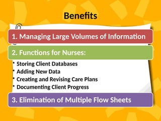 Benefits
1. Managing Large Volumes of Information
2. Functions for Nurses:
• Storing Client Databases
• Adding New Data
• Creating and Revising Care Plans
• Documenting Client Progress
3. Elimination of Multiple Flow Sheets
 