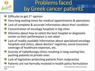 Difficulty to get 2 nd  opinion Very long waiting times for medical appointments & operations Lack of complete & accurate information about their condition Concentration of oncology hospitals in big cities Dilemma about how to select the best hospital or diagnostic center as their performance is not rated Lack of readily available information about specialized oncology hospitals and clinics, about doctors’ registries, social insurance coverage of healthcare expenses, etc. Scarcity of radiotherapy clinics resulting in long waiting lists pushing patients to private ones Lack of legislation protecting patients from malpractice Patients are not formally involved in health policy formulation Kathi Apostolidis  ECPC Masterclass-Munich-October 2009 