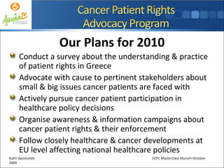 Our Plans for 2010 Conduct a survey about the understanding & practice of patient rights in Greece Advocate with cause to pertinent stakeholders about small & big issues cancer patients are faced with Actively pursue cancer patient participation in healthcare policy decisions Organise awareness & information campaigns about cancer patient rights & their enforcement Follow closely healthcare & cancer developments at EU level affecting national healthcare policies Kathi Apostolidis  ECPC Masterclass-Munich-October 2009 