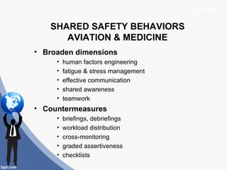 Summary

   SHARED SAFETY BEHAVIORS
      AVIATION & MEDICINE
• Broaden dimensions
     •   human factors engineering
     •   fatigue & stress management
     •   effective communication
     •   shared awareness
     •   teamwork
• Countermeasures
     •   briefings, debriefings
     •   workload distribution
     •   cross-monitoring
     •   graded assertiveness
     •   checklists
 