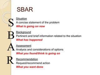 SBAR
Situation
A concise statement of the problem
What is going on now
Background
Pertinent and brief information related to the situation
What has happened
Assessment
Analysis and considerations of options
What you found/think is going on
Recommendation
Request/recommend action
What you want done
S
B
A
R
 
