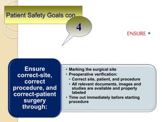 Patient Safety Goals con..
ENSURE
• Marking the surgical site
• Preoperative verification:
• Correct site, patient, and procedure
• All relevant documents, images and
studies are available and properly
labeled
• Time out immediately before starting
procedure
Ensure
correct-site,
correct
procedure, and
correct-patient
surgery
through:
4
 