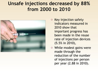 Unsafe injections decreased by 88%
from 2000 to 2010
o Key injection safety
indicators measured in
2010 show that
important progress has
been made in the reuse
rate of injection devices
(5.5% in 2010),
o While modest gains were
made through the
reduction of the number
of injections per person
per year (2.88 in 2010).
 
