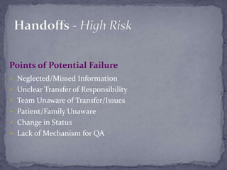 • Neglected/Missed Information
• Unclear Transfer of Responsibility
• Team Unaware of Transfer/Issues
• Patient/Family Unaware
• Change in Status
• Lack of Mechanism for QA
Points of Potential Failure
 