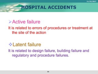 HOSPITAL ACCIDENTS
Active failure
It is related to errors of procedures or treatment at
the site of the action
Latent failure
It is related to design failure, building failure and
regulatory and procedure failures.
11/22/2017
11
 