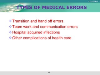 TYPES OF MEDICAL ERRORS
Transition and hand off errors
Team work and communication errors
Hospital acquired infections
Other complications of health care
11/22/2017
27
 