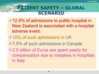 PATIENT SAFETY – GLOBAL
SCENARIO
12.9% of admissions to public hospital in
New Zealand is associated with a hospital
adverse event.
10% of such admissions in UK
7.5% of such admissions in Canada
2.5 billion of Euros are spent yearly for
compensation due to mistakes in hospitals
in Italy
11/22/2017
5
 
