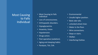 Most Causing
to Falls
Individual
• Most Causing to Falls
Individual
• Loss of consciousness.
• Orthopaedic disorders.
• Hypoglycaemia.
• Anaemia, Vision
• Hypotension.
• Drugs action.
• Post operative (sedation).
• Aging and sleeping habits
• Paralysis, TIA, CVA
• Environmental
• Unsafe higher position.
• Beds side rails.
• unlocked wheel chair.
• Water in the floor.
• Wire connections.
• Steps or stairs.
• Walker.
• Interfering Clothes
 
