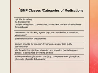 z
ISMP Classes /Categories of Medications
opioids, including:
IV, transdermal
oral (including liquid concentrates, immediate- and sustained-release
formulations)
neuromuscular blocking agents (e.g., succinylcholine, rocuronium,
vecuronium)
parenteral nutrition preparations
sodium chloride for injection, hypertonic, greater than 0.9%
concentration
sterile water for injection, inhalation and irrigation (excluding pour
bottles) in containers of 100 mL or more
sulfonylurea hypoglycemics, oral (e.g., chlorpropamide, glimepiride,
glyburide, glipizide, tolbutamide)
 