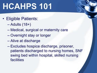 HCAHPS 101
• Eligible Patients:
– Adults (18+)
– Medical, surgical or maternity care
– Overnight stay or longer
– Alive at discharge
– Excludes hospice discharge, prisoner,
patients discharged to nursing homes, SNF
swing bed within hospital, skilled nursing
facilities

 