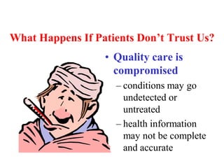 What Happens If Patients Don’t Trust Us?
• Quality care is
compromised
– conditions may go
undetected or
untreated
– health information
may not be complete
and accurate
 