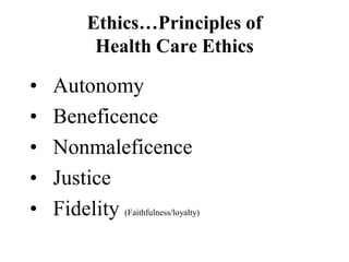 Ethics…Principles of
Health Care Ethics
• Autonomy
• Beneficence
• Nonmaleficence
• Justice
• Fidelity (Faithfulness/loyalty)
 