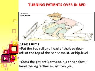 TURNING PATIENTS OVER IN BED




1.Cross Arms
•Put the bed rail and head of the bed down;
adjust the top of the bed to waist- or hip-level.

•Cross the patient’s arms on his or her chest;
bend the leg farther away from you.
 