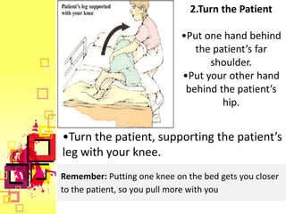 2.Turn the Patient

                             •Put one hand behind
                                the patient’s far
                                   shoulder.
                             •Put your other hand
                              behind the patient’s
                                      hip.


•Turn the patient, supporting the patient’s
leg with your knee.
Remember: Putting one knee on the bed gets you closer
to the patient, so you pull more with you
 