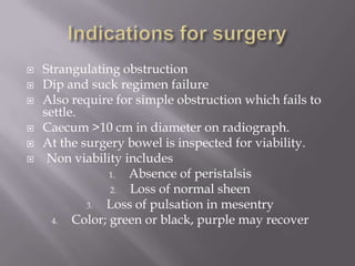  Strangulating obstruction
 Dip and suck regimen failure
 Also require for simple obstruction which fails to
settle.
 Caecum >10 cm in diameter on radiograph.
 At the surgery bowel is inspected for viability.
 Non viability includes
1. Absence of peristalsis
2. Loss of normal sheen
3. Loss of pulsation in mesentry
4. Color; green or black, purple may recover
 