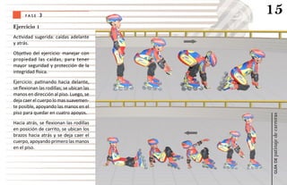 fase   3
                                           15
Ejercicio 1
Actividad sugerida: caídas adelante
y atrás.
Objetivo del ejercicio: manejar con
propiedad las caídas, para tener
mayor seguridad y protección de la
integridad física.
Ejercicio: patinando hacia delante,
se flexionan las rodillas; se ubican las
manos en dirección al piso. Luego, se
deja caer el cuerpo lo mas suavemen-
te posible, apoyando las manos en el
piso para quedar en cuatro apoyos.




                                           patinaje de carreras
Hacia atrás, se flexionan las rodillas
en posición de carrito, se ubican los
brazos hacia atrás y se deja caer el
cuerpo, apoyando primero las manos
en el piso.




                                               guía de
 