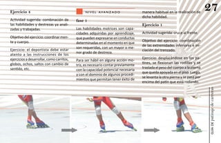 Ejercicio 4                                     n i v e l ava n z a d o            manera habitual en la realización de
                                                                                                                             27
                                                                                   dicha habilidad.
Actividad sugerida: combinación de         fase 1
las habilidades y destrezas ya anali-                                              Ejercicio 1
zadas y trabajadas.                        Las habilidades motrices son capa-
                                           cidades adquiridas por aprendizaje,     Actividad sugerida: cruce al frente.
Objetivo del ejercicio: coordinar men-     que pueden expresarse en conductas
te y cuerpo.                                                                       Objetivo del ejercicio: coordinación
                                           determinadas en el momento en que
                                                                                   de las extremidades inferiores e ini-
                                           son requeridas, con un mayor o me-
Ejercicio: el deportista debe estar                                                ciación del trenzado.
                                           nor grado de destreza.
atento a las instrucciones de los
ejercicios a desarrollar, como carritos,                                           Ejercicio: desplazándose en los pa-
                                           Para ser hábil en alguna acción mo-
globos, ochos, saltos con cambio de                                                tines, se flexionan las rodillas y se
                                           triz, es necesario contar previamente
sentido, etc.                                                                      traslada el peso del cuerpo a la pierna
                                           con la capacidad potencial necesaria
                                                                                   que queda apoyada en el piso. Luego,
                                           y con el dominio de algunos procedi-
                                                                                   se levanta la otra pierna y se pasa por
                                           mientos que permitan tener éxito de
                                                                                   encima del patín que está rodando.




                                                                                                                             patinaje de carreras
                                                                                                                                 guía de
 