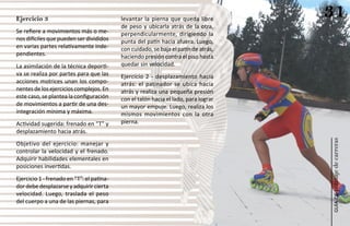 Ejercicio 3                                levantar la pierna que queda libre
                                                                                     31
                                           de peso y ubicarla atrás de la otra,
Se refiere a movimientos más o me-         perpendicularmente, dirigiendo la
nos difíciles que pueden ser divididos     punta del patín hacia afuera. Luego,
en varias partes relativamente inde-       con cuidado, se baja el patín de atrás,
pendientes.                                haciendo presión contra el piso hasta
La asimilación de la técnica deporti-      quedar sin velocidad.
va se realiza por partes para que las      Ejercicio 2 - desplazamiento hacia
acciones motrices unan los compo-          atrás: el patinador se ubica hacia
nentes de los ejercicios complejos. En     atrás y realiza una pequeña presión
este caso, se plantea la configuración     con el talón hacia el lado, para lograr
de movimientos a partir de una des-        un mayor empuje. Luego, realiza los
integración mínima y máxima.               mismos movimientos con la otra
Actividad sugerida: frenado en “T” y       pierna.
desplazamiento hacia atrás.




                                                                                     patinaje de carreras
Objetivo del ejercicio: manejar y
controlar la velocidad y el frenado.
Adquirir habilidades elementales en
posiciones invertidas.
Ejercicio 1 - frenado en “T”: el patina-
dor debe desplazarse y adquirir cierta
velocidad. Luego, traslada el peso




                                                                                         guía de
del cuerpo a una de las piernas, para
 