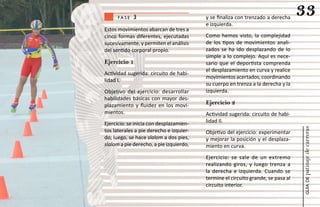 fase    3                           y se finaliza con trenzado a derecha
                                                                                  33
                                         e izquierda.
Estos movimientos abarcan de tres a
cinco formas diferentes, ejecutadas      Como hemos visto, la complejidad
sucesivamente, y permiten el análisis    de los tipos de movimientos anali-
del sentido corporal propio.             zados se ha ido desplazando de lo
                                         simple a lo complejo. Aquí es nece-
Ejercicio 1                              sario que el deportista comprenda
                                         el desplazamiento en curva y realice
Actividad sugerida: circuito de habi-
                                         movimientos acertados, coordinando
lidad I.
                                         su cuerpo en trenza a la derecha y la
Objetivo del ejercicio: desarrollar      izquierda.
habilidades básicas con mayor des-
plazamiento y fluidez en los movi-       Ejercicio 2
mientos.                                 Actividad sugerida: circuito de habi-
Ejercicio: se inicia con desplazamien-   lidad Il.




                                                                                  patinaje de carreras
tos laterales a pie derecho e izquier-   Objetivo del ejercicio: experimentar
do; luego, se hace slalom a dos pies,    y mejorar la posición y el desplaza-
slalom a pie derecho, a pie izquierdo,   miento en curva.
                                         Ejercicio: se sale de un extremo
                                         realizando giros, y luego trenza a
                                         la derecha e izquierda. Cuando se
                                         termine el circuito grande, se pasa al




                                                                                      guía de
                                         circuito interior.
 