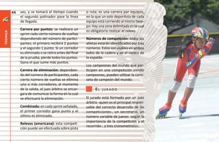 44   vez, y se tomará el tiempo cuando          o ruta; es una carrera por equipos,
               el segundo patinador pase la línea         en la que un solo deportista de cada
               de llegada.                                equipo está corriendo al mismo tiem-
                                                          po. Hay una zona delimitada en la cual
               Carrera por puntos: se realizara un        es obligatorio realizar el relevo.
técnica




               sprint cada cierto número de vueltas
               dependiendo del número de partici-         Números de competición: todos los
               pantes; el primero recibirá 2 puntos       atletas estarán identificados por tres
               y el segundo 1 punto. Si un corredor       números. Estos son visibles en ambos
               es eliminado o se retira antes del final   lados de la cadera y en el centro de
               de la prueba, pierde todos los puntos.     la espalda.
               Gana el que sume más puntos.
                                                          Los campeones del mundo que par-
               Carrera de eliminación: dependien-         ticipen en una competición siendo
               do del número de participantes, cada       campeones, pueden utilizar la cami-
               cierto número de vueltas se elimina        seta de campeón del mundo.
               uno o más corredores; al momento
               de la salida, el juez árbitro se encar-          el   jurado
               gara de comunicar la forma en la cual
               se efectuará la eliminación.               El jurado está formado por un juez
                                                          árbitro -quien es el principal respon-
               Combinada: en cada sprint señalado,        sable del correcto desarrollo de las
               el primer corredor gana punto y el         competiciones-, un secretario, un
               último es eliminado.                       número variable de jueces -según la
                                                          importancia de la competición y el
               Relevos (americana): esta competi-
                                                          recorrido-, y tres cronometristas.
               ción puede ser efectuada sobre pista
 