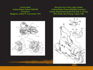 In-line skate  United States Patent 5620190  Inventors: Maggiore, Albert P. (Lancaster, NY)  Structure for in-line roller skates  United States Patent 5836592 Inventors: Chang, Sheng-hsiung (No.510, Sec.5, Chung-Shin Road, San-Chung, Taipei, TW)  