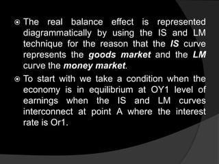  The real balance effect is represented
diagrammatically by using the IS and LM
technique for the reason that the IS curve
represents the goods market and the LM
curve the money market.
 To start with we take a condition when the
economy is in equilibrium at OY1 level of
earnings when the IS and LM curves
interconnect at point A where the interest
rate is Or1.
 