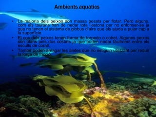 Ambients aquatics La majoria dels peixos son massa pesats per flotar. Però alguns, com els taurons han de nedar tota l’estona per no enfonsar-se ja que no tenen el sistema de globus d’aire que els ajuda a pujar cap a la superfície.  El cos dels peixos tenen forma de torpedo o cohet. Algunes peixos son plans pels dos costats ja que poden nedar fàcilment entre els esculls de corall. També poden amagar les aletes que no estiguin utilitzant per reduir la força de fricció. 