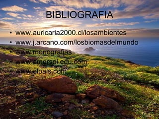 BIBLIOGRAFIA www.auricaria2000.cl/losambientes www.j.arcano.com/losbiomasdelmundo www.monografias www.amersol.edu.com. www.elpais.com 