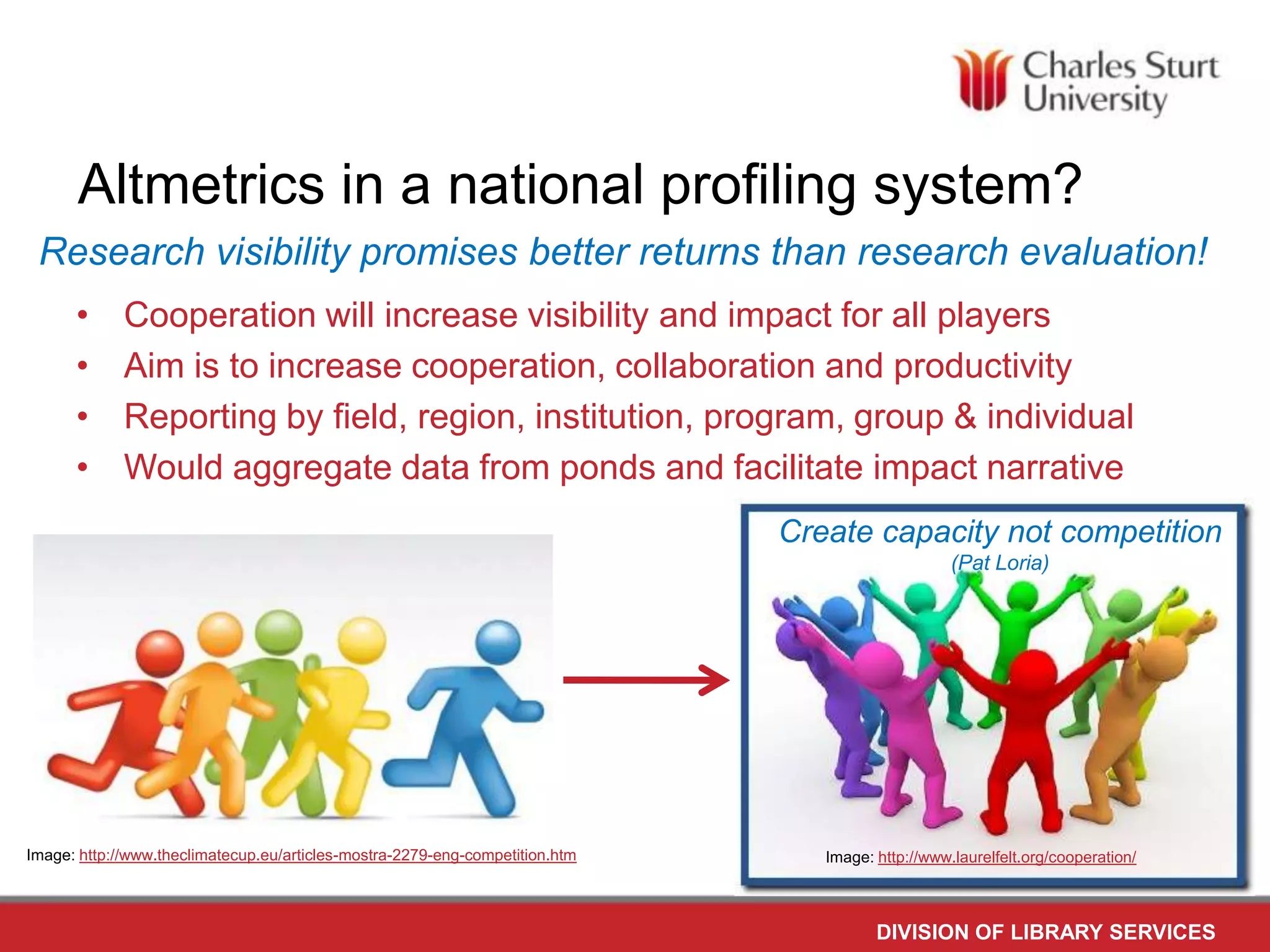 Altmetrics in a national profiling system?
Research visibility promises better returns than research evaluation!
•
•
•
•
Cooperation will increase visibility and impact for all players
Aim is to increase cooperation, collaboration and productivity
Reporting by field, region, institution, program, group & individual
Would aggregate data from ponds and facilitate impact narrative
Create capacity not competition
(Pat Loria)
Image: http://www.theclimatecup.eu/articles-mostra-2279-eng-competition.htm
Image: http://www.laurelfelt.org/cooperation/
DIVISION OF LIBRARY SERVICES