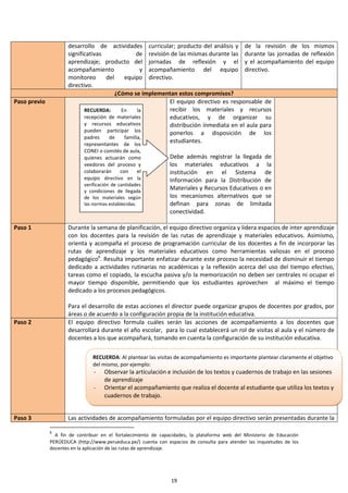 19
6
A fin de contribuir en el fortalecimiento de capacidades, la plataforma web del Ministerio de Educación
PERÚEDUCA (http://www.perueduca.pe/) cuenta con espacios de consulta para atender las inquietudes de los
docentes en la aplicación de las rutas de aprendizaje.
desarrollo de actividades
significativas de
aprendizaje; producto del
acompañamiento y
monitoreo del equipo
directivo.
curricular; producto del análisis y
revisión de las mismas durante las
jornadas de reflexión y el
acompañamiento del equipo
directivo.
de la revisión de los mismos
durante las jornadas de reflexión
y el acompañamiento del equipo
directivo.
¿Cómo se implementan estos compromisos?
Paso previo El equipo directivo es responsable de
recibir los materiales y recursos
educativos, y de organizar su
distribución inmediata en el aula para
ponerlos a disposición de los
estudiantes.
Debe además registrar la llegada de
los materiales educativos a la
institución en el Sistema de
Información para la Distribución de
Materiales y Recursos Educativos o en
los mecanismos alternativos que se
definan para zonas de limitada
conectividad.
Paso 1 Durante la semana de planificación, el equipo directivo organiza y lidera espacios de inter aprendizaje
con los docentes para la revisión de las rutas de aprendizaje y materiales educativos. Asimismo,
orienta y acompaña el proceso de programación curricular de los docentes a fin de incorporar las
rutas de aprendizaje y los materiales educativos como herramientas valiosas en el proceso
pedagógico6
. Resulta importante enfatizar durante este proceso la necesidad de disminuir el tiempo
dedicado a actividades rutinarias no académicas y la reflexión acerca del uso del tiempo efectivo,
tareas como el copiado, la escucha pasiva y/o la memorización no deben ser centrales ni ocupar el
mayor tiempo disponible, permitiendo que los estudiantes aprovechen al máximo el tiempo
dedicado a los procesos pedagógicos.
Para el desarrollo de estas acciones el director puede organizar grupos de docentes por grados, por
áreas o de acuerdo a la configuración propia de la institución educativa.
Paso 2 El equipo directivo formula cuáles serán las acciones de acompañamiento a los docentes que
desarrollará durante el año escolar, para lo cual establecerá un rol de visitas al aula y el número de
docentes a los que acompañará, tomando en cuenta la configuración de su institución educativa.
Paso 3 Las actividades de acompañamiento formuladas por el equipo directivo serán presentadas durante la
RECUERDA: Al plantear las visitas de acompañamiento es importante plantear claramente el objetivo
del mismo, por ejemplo:
- Observar la articulación e inclusión de los textos y cuadernos de trabajo en las sesiones
de aprendizaje
- Orientar el acompañamiento que realiza el docente al estudiante que utiliza los textos y
cuadernos de trabajo.
RECUERDA: En la
recepción de materiales
y recursos educativos
pueden participar los
padres de familia,
representantes de los
CONEI o comités de aula,
quienes actuarán como
veedores del proceso y
colaborarán con el
equipo directivo en la
verificación de cantidades
y condiciones de llegada
de los materiales según
las normas establecidas.
 
