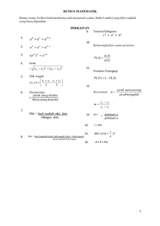 1
RUMUS MATEMATIK
Rumus-rumus berikut boleh membantu anda menjawab soalan.Simbol-simbol yang diberi adalah
yang biasa digunakan.
PERKAITAN
1. nmnm
aaa 

2. nmnm
aaa 

3. mnnm
aa )(
4. Jarak
= 2
12
2
12 )()( yyxx 
5. Titik tengah





 

2
,
2
),( 2121 yyxx
yx
6. 𝑃𝑢𝑟𝑎𝑡𝑎 𝑙𝑎𝑗𝑢
=
𝐽𝑎𝑟𝑎𝑘 𝑦𝑎𝑛𝑔 𝑑𝑖𝑙𝑎𝑙𝑢𝑖
𝑀𝑎𝑠𝑎 𝑦𝑎𝑛𝑔 𝑑𝑖𝑎𝑚𝑏𝑖𝑙
7.
Min = hasil tambah nilai data
bilangan data
8. Min = hasil tambah (nilai titik tengah kelas  kekerapan)
hasil tambah kekerapan
9. Teorem Pythagoras
c2 = a2 + b2
10.
Kebarangkalian suatu peristiwa
)(
)(
)(
Sn
An
AP 
11.
Peristiwa Pelengkap
)(1)'( APAP 
12.
Kecerunan, m =
jarak mencancang
jarakmengufuk
12
12
xx
yy
m



13. m = _ pintasan-y
pintasan-x
14. I = Prt
15. MV = P (1 +
r
n
)nt
16. A = P + Prt
 