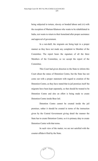 Patna High Court CR. WJC No.390 of 2020(12) dt.26-04-2021
2/4
being subjected to torture, slavery or bonded labour and (vi...