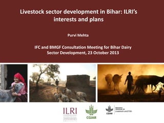 Livestock sector development in Bihar: ILRI’s
interests and plans
Purvi Mehta

IFC and BMGF Consultation Meeting for Bihar Dairy
Sector Development, 23 October 2013

 