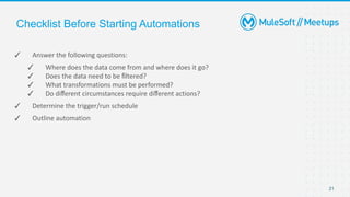Checklist Before Starting Automations
✓ Answer the following questions:
✓ Where does the data come from and where does it ...