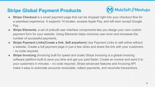 Stripe Global Payment Products
● Stripe Checkout is a smart payment page that can be dropped right into your checkout flow...