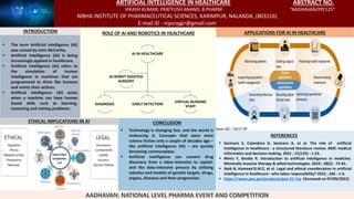 ARTIFICIAL INTELLIGENCE IN HEALTHCARE ABSTRACT NO.
VIKASH KUMAR; PRATYUSH ANAND; B.PHARM “AADHAVAN/PP/125”
NIBHA INSTITUTE OF PHARMACEUTICAL SCIENCES, KARIMPUR, NALANDA, (803116)
E-mail ID - nipsrajgir@gmail.com
INTRODUCTION ROLE OF AI AND ROBOTICS IN HEALTHCARE
 The term Artificial intelligence (AI)
was coined by John McCarthy.
 Artificial Intelligence (AI) is being
increasingly applied in healthcare.
 Artificial Intelligence (AI) refers to
the simulation of human
intelligence in machines that are
programmed to think like humans
and mimic their actions.
 Artificial Intelligence (AI) exists
when a machine can have human
based skills such as learning,
reasoning and solving problems.
AI IN HEALTHCARE
DIAGNOSIS EARLY DETECTION
VIRTUAL NURSING
STAFF
AI-ROBOT ASSISTED
SURGERY
 Secinaro S, Calandara D, Secinaro A, et al. The role of artificial
intelligence in healthcare : a structured literature review. BMC medical
informatics and decision making. 2021 ; 21(125) : 1-23.
 Mintz Y, Brodie R. Introduction to artificial intelligence in medicine.
Minimally invasive therapy & allied technologies. 2019 ; 28(2) : 73-81.
 Naik N, Hameed B.M.Z, et al. Legal and ethical consideration in artificial
intelligence in healthcare : who takes responsibility? 2022 ; 266 : 1-6.
 https://www.gao.gov/products/gao-21-7sp (Accessed on 07/09/2022)
ETHICAL IMPLICATIONS IN AI CONCLUSION
 Technology is changing fast, and the world is
embracing it. Concepts that were mere
science fiction only a couple of decades ago –
like artificial intelligence (AI) – are quickly
becoming commonplace.
 Artificial intelligence can convert drug
discovery from a labor-intensive to capital-
and the data-intensive process by utilizing
robotics and models of genetic targets, drugs,
organs, diseases and their progression.
REFERENCES
APPLICATIONS FOR AI IN HEALTHCARE
 