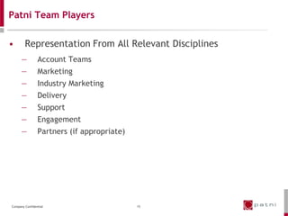 Patni Team Players

•       Representation From All Relevant Disciplines
      —         Account Teams
      —         Marketing
      —         Industry Marketing
      —         Delivery
      —         Support
      —         Engagement
      —         Partners (if appropriate)




Company Confidential                        15
 
