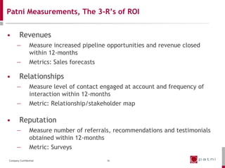 Patni Measurements, The 3-R’s of ROI


•       Revenues
      —         Measure increased pipeline opportunities and revenue closed
                within 12-months
      —         Metrics: Sales forecasts

•       Relationships
      —         Measure level of contact engaged at account and frequency of
                interaction within 12-months
      —         Metric: Relationship/stakeholder map

•       Reputation
      —         Measure number of referrals, recommendations and testimonials
                obtained within 12-months
      —         Metric: Surveys
Company Confidential                       16
 