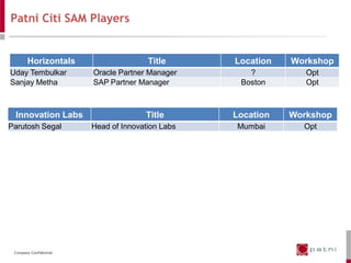 Patni Citi SAM Players


       Horizontals                     Title      Location   Workshop
Uday Tembulkar          Oracle Partner Manager       ?          Opt
Sanjay Metha            SAP Partner Manager        Boston       Opt



 Innovation Labs                      Title       Location   Workshop
Parutosh Segal          Head of Innovation Labs   Mumbai       Opt




 Company Confidential
 