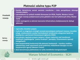 Płatności zdalne typu P2P 
Przesłanki 
rozwoju 
•bardzo dynamiczny wzrost wartości transferów i duże perspektywy dalszego rozwoju popytu 
•sprowadzone na rynkach modele biznesowe (m-PESA, PayPal, Western Union) 
•strategie rozwoju podejmowane przez globalne sieci kart płatniczych (Visa, Master Card) 
•niskie wymagania w zakresie tworzenia infrastruktury dedykowanej do obslugi płatności 
Bariery 
rozwoju 
•regionalny charakter popytu 
•trudność w osiągnięciu strategii cenowej pozwalającej zachować masowy charakter usługi, a jednocześnie uzyskać dochodowość świadczenia usług przez banki we wspolpracy z partnerami biznesowymi (głównie MNO) 
•restrykcyjne regulacje prawne związne z silnym nadzorem nad transferami mobilnymi (zapobieganie "praniu brudnych" pieniędzy i finansowania operacji nielegalnych) 
•brak bezpośredniej konkurencji dla płatności bankowych - transfery mobilne substytutują rynek opanowany przez podmioty niebankowe bazujące na sieci stacjonarnych agencji (Western Union) 
•duża koncentracja podmiotowa na rynku transferów transgranicznych  