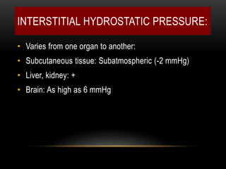 INTERSTITIAL HYDROSTATIC PRESSURE:
• Varies from one organ to another:
• Subcutaneous tissue: Subatmospheric (-2 mmHg)
• Liver, kidney: +
• Brain: As high as 6 mmHg
 