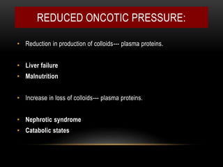 REDUCED ONCOTIC PRESSURE:
• Reduction in production of colloids--- plasma proteins.
• Liver failure
• Malnutrition
• Increase in loss of colloids--- plasma proteins.
• Nephrotic syndrome
• Catabolic states
 